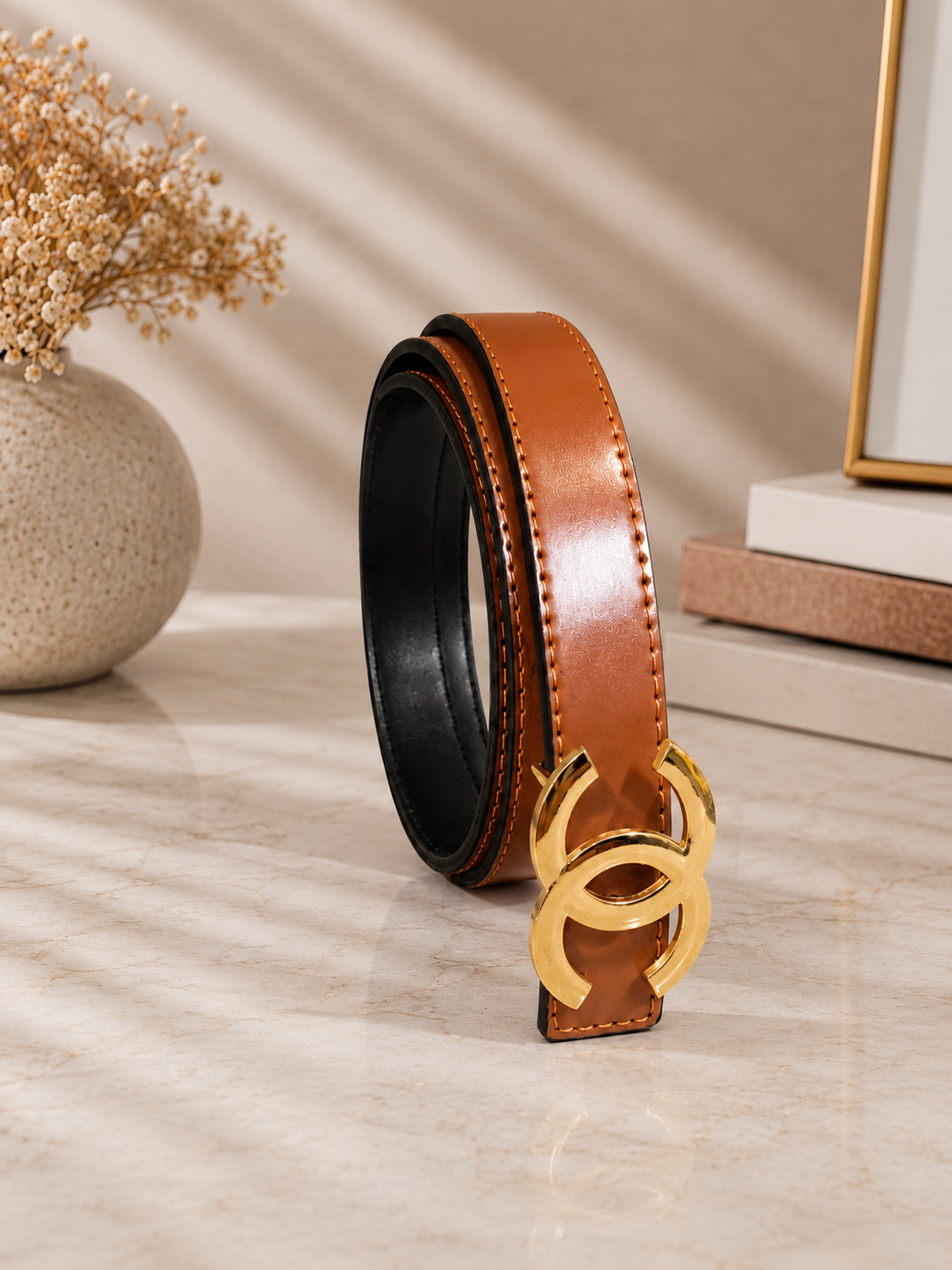 AURA PRIME - Women's Belt - ( Fancy Camel Belt With Gold Tone Buckle )